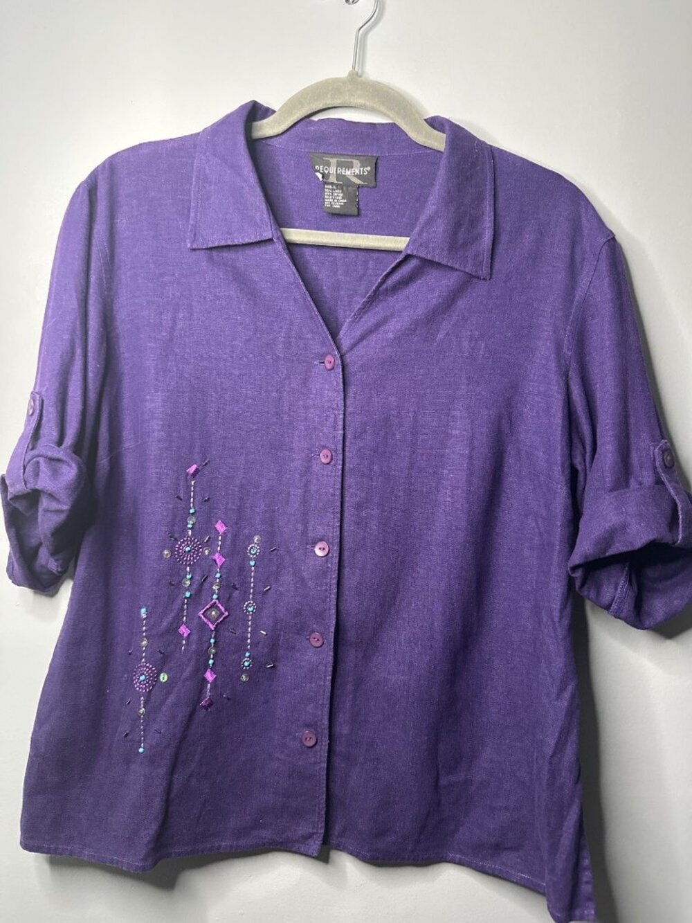 Requirements Linen Blend Tunic Top Purple Boxy Relaxed Lightweight L flowy